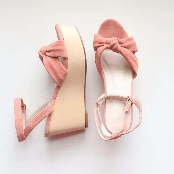Revolve RAYE Faye Peach Suede Leather Wooden Platform Wedge Ankle Strap Sandals